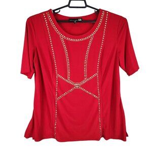 Women's Red Antthony Blouse Top Shirt Studded Short Sleeve Rround Neck Size XL